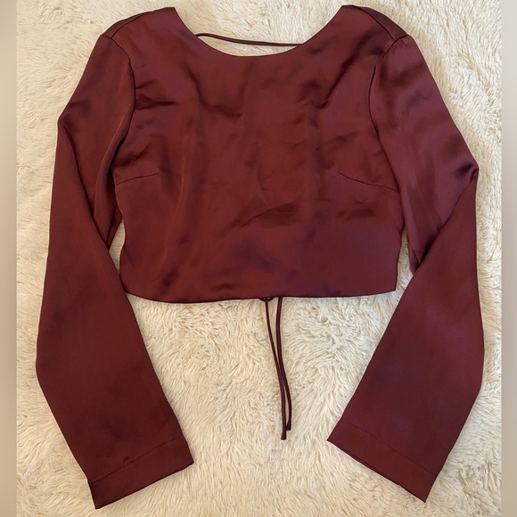 Dynamite Long Sleeve Satin Tie Back Crop Top - Wine Red, Size S - Picture 3 of 5